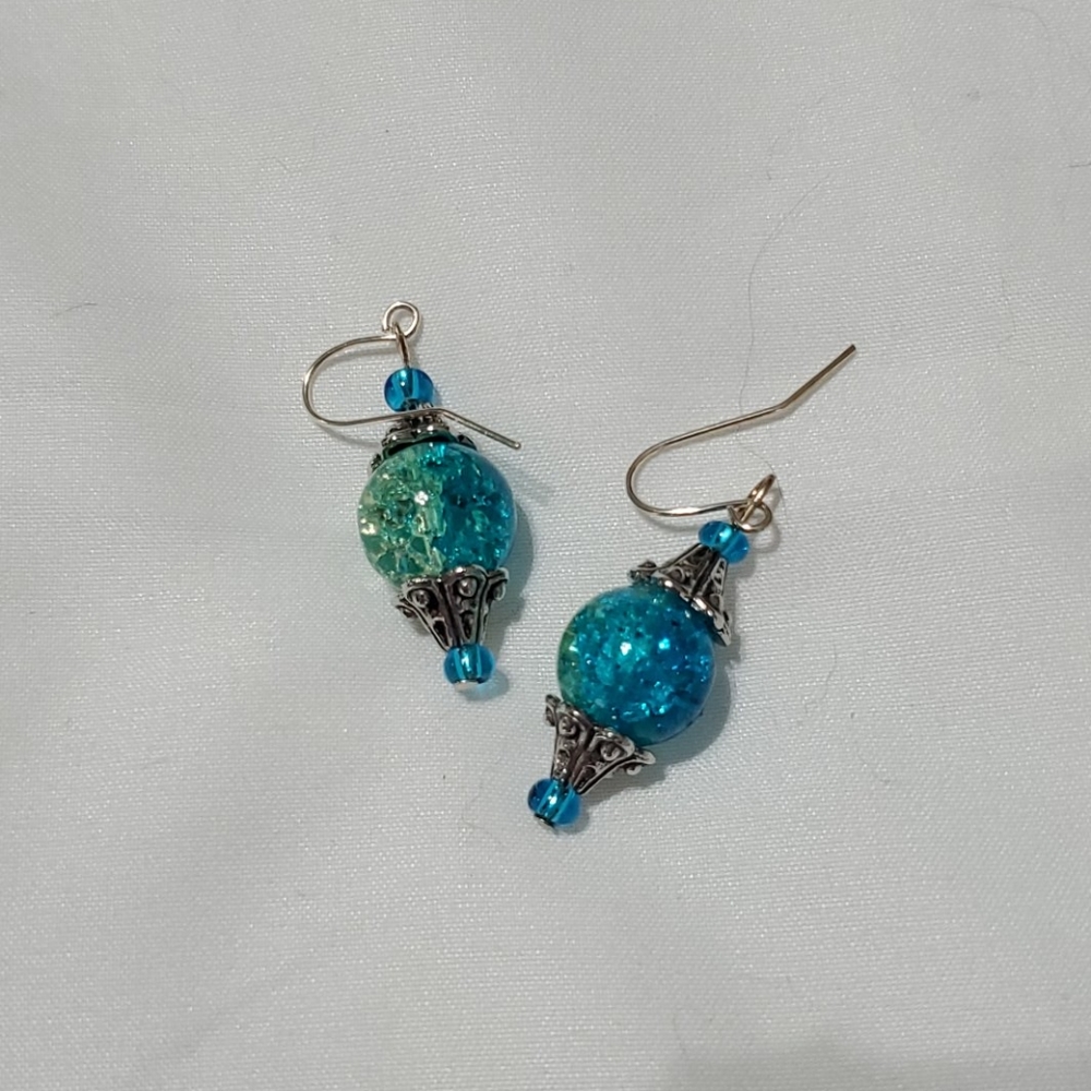 Turquoise & yellow crackle glass earrings